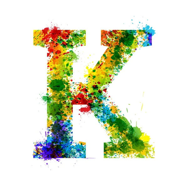 Kleur verf spatten. Kleurovergang Vector lettertype. Aquarel Designer decoratie alfabet. Inkt symbolen geïsoleerd op een witte achtergrond. Letter K — Stockvector