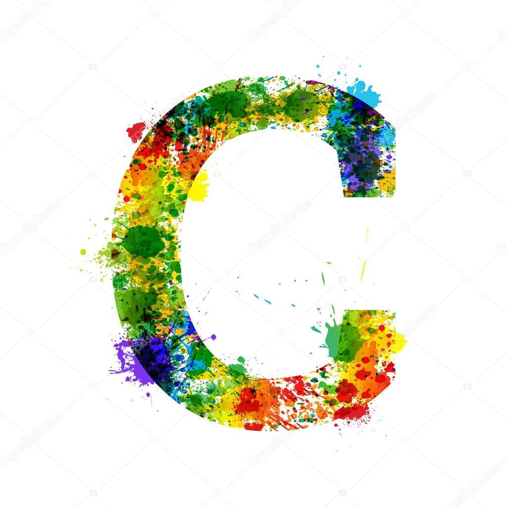 Color Paint Splashes. Gradient Vector Font. Watercolor Designer Decoration Alphabet. Color ink Symbols Isolated on a White Background. Letter C