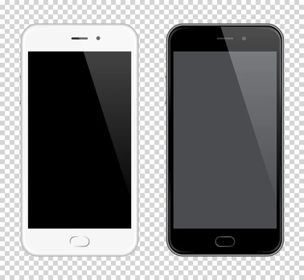 현실적인 벡터 휴대 전화입니다. 스마트폰 모형입니다. 투명 한 배경에서 흑인과 백인 휴대 전화 — 스톡 벡터