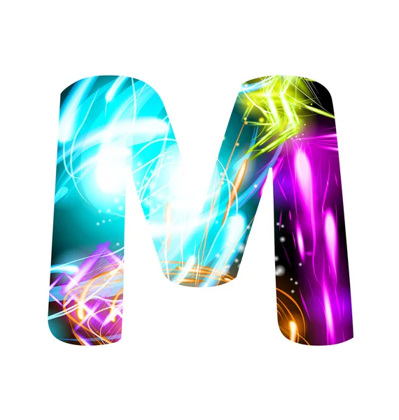 Świecący efekt świetlny Neon Font. Kolorowe symbole tekstu projektu. Błyszcząca litera M — Wektor stockowy