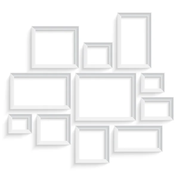 Modelo de quadro de imagem em branco conjunto isolado na parede. Galeria de fotos —  Vetores de Stock