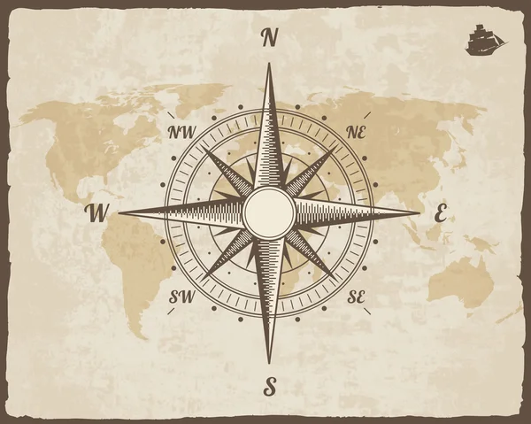 Seemannskompass. alte Weltkarte auf Vektorpapier mit gerissenem Rahmen. Wind stieg auf. Hintergrund Schiff Logo Silhouette — Stockvektor
