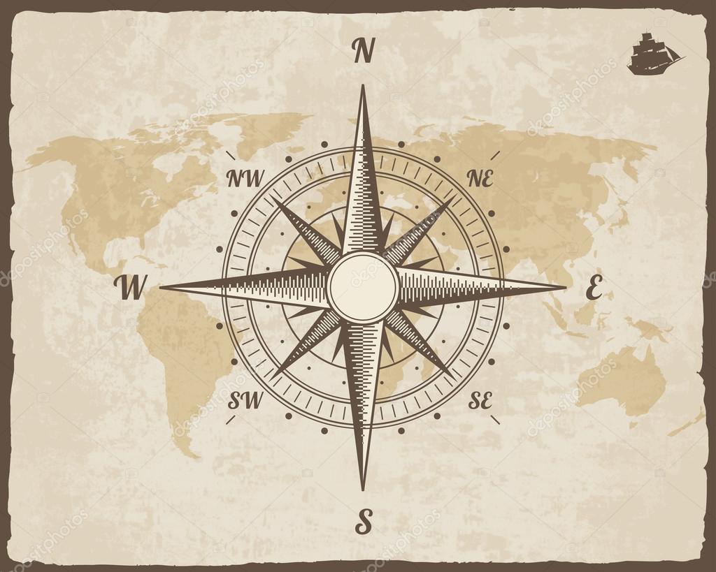 Vintage Nautical Compass. Old World Map on Vector Paper Texture with Torn Border Frame. Wind rose. Background with Ship Logo Silhouette