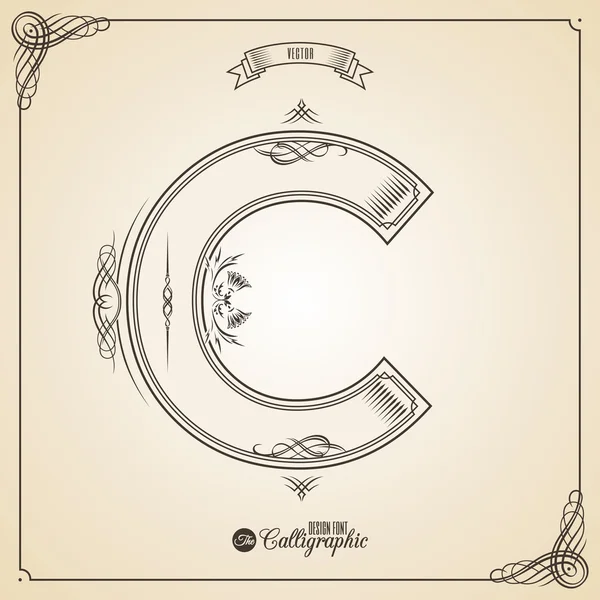Calligraphic Fotn with Border, Frame Elements and Invitation Design Symbols. Collection of Vector glyph. Certificate Decor. Hand written retro feather Symbol. Letter C — Stock Vector