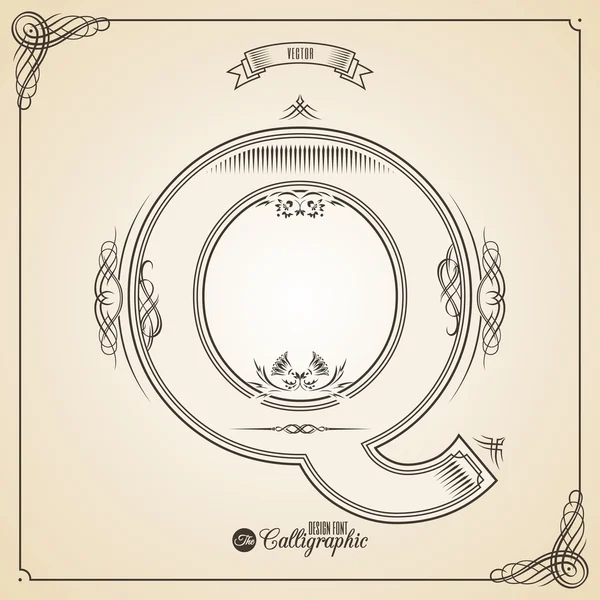 Calligraphic Fotn with Border, Frame Elements and Invitation Design Symbols. Collection of Vector glyph. Certificate Decor. Hand written retro feather Symbol. Letter Q — Stock Vector