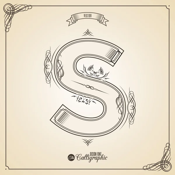 Calligraphic Fotn met rand, frame elementen en uitnodiging ontwerp symbolen. Verzameling van Vectorglyph. Certificaat decor. Hand geschreven retro Feather symbool. Letter S — Stockvector