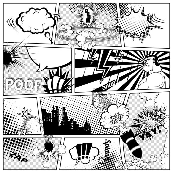 Шаблон комиксов. Векторный ретро-комикс Speech Bubble. Макет Пейджа с местом для Мбаппе, Пузырей, Фабрегасов, Звуковых эффектов, цветного полутона и супергероя
