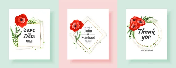 Botanical diseño de la tarjeta de invitación de boda, flores y hojas de amapola roja y rosa. Estilo vintage minimalista. Conjunto de plantillas para tarjetas de invitación, boda, diseño de banners — Vector de stock