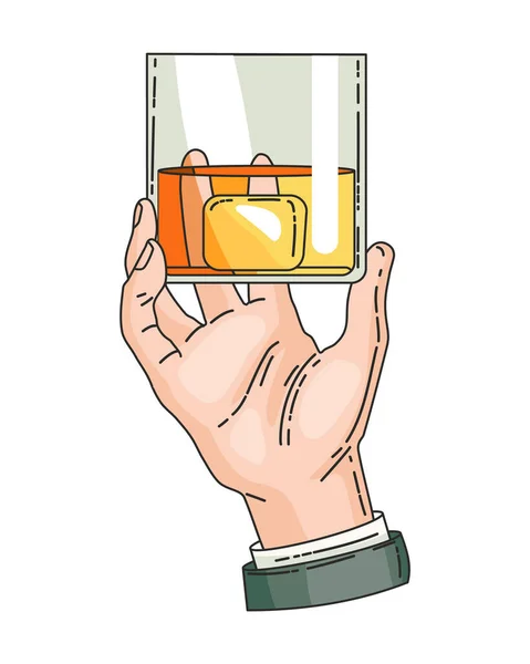 Handglas met sterke drank whisky. Vintage hand tekening vector illustratie. Drink tequila of whisky, drank in de hand. Glas whisky met ijs geïsoleerd op transparante ondergrond — Stockvector