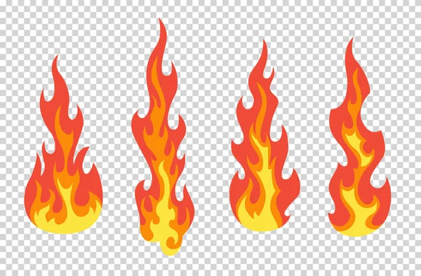 Juego de llamas de fuego rojas y naranjas. Llamas de diferentes formas. Juego de bolas de fuego, símbolos llameantes. Idea de energía y poder. Colección de elemento llameante caliente. Iconos vectoriales en estilo de dibujos animados — Archivo Imágenes Vectoriales