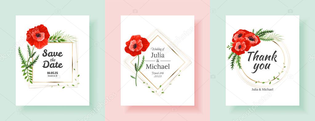 Botanical wedding invitation card template design, red and pink poppy flowers and leaves. Minimalist vintage style. Template set for invitation cards, wedding, banners design