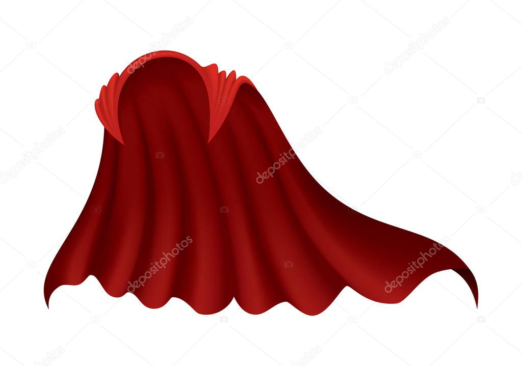 Superhero red cape on white background. Scarlet fabric silk cloak. Mantle costume or cover cartoon vector illustration. Flying carnival clothes