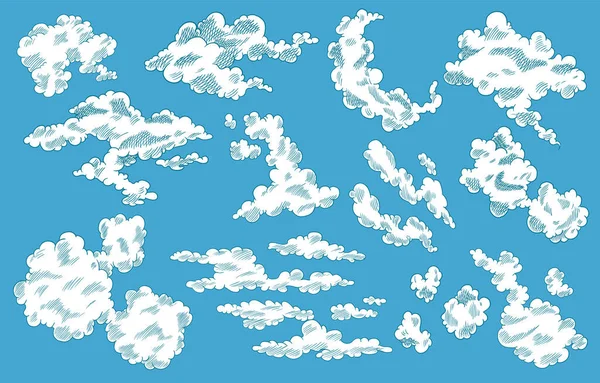 Nubes vectoriales dibujadas a mano Diseño de cielo retro vintage. Esbozo grabado. Nubes abstractas de garabatos. Línea de arte — Archivo Imágenes Vectoriales