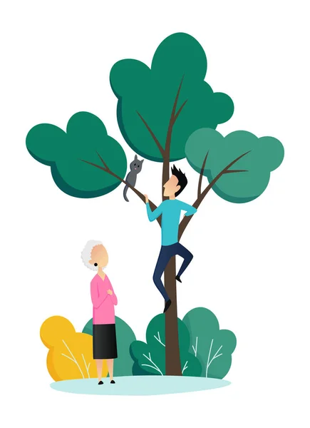 Trabajador social cuidando de las personas mayores. Los jóvenes voluntarios ayudan a las mujeres mayores a sacar un gato de un árbol. Vector plano ilustración de dibujos animados — Archivo Imágenes Vectoriales