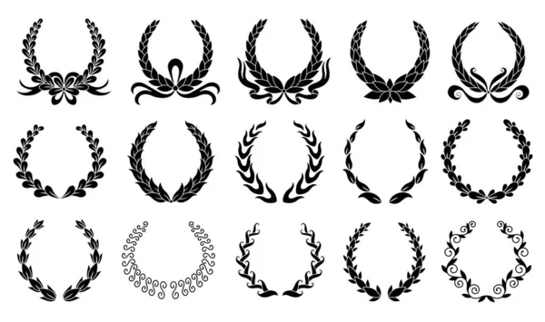 Laurel wreath. Collection of different black circular laurel, olive, wheat wreaths depicting an award, achievement, heraldry, nobility. Vector premium insignia, traditional victory symbol — Stock Vector