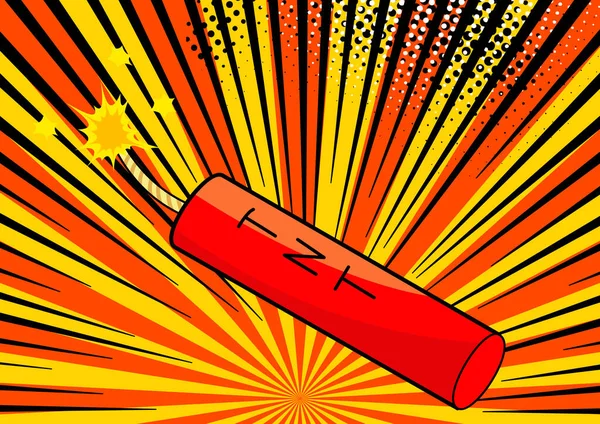 Ποπ τέχνη βόμβα σε κόμικ ποπ τέχνη ρετρό στυλ φόντο. Η τρομοκρατία είναι κίνδυνος καταστροφής. Ταπετσαρία κινουμένων σχεδίων δυναμίτη στο παρασκήνιο με τελείες halftone και sunburst — Διανυσματικό Αρχείο