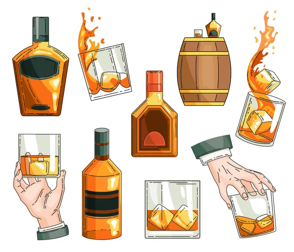 向量威士忌符号集合。玻璃瓶,人手拿着装有冰块的苏格兰杯,木制酒桶图标收藏.酒类产品广告设计 — 图库矢量图片