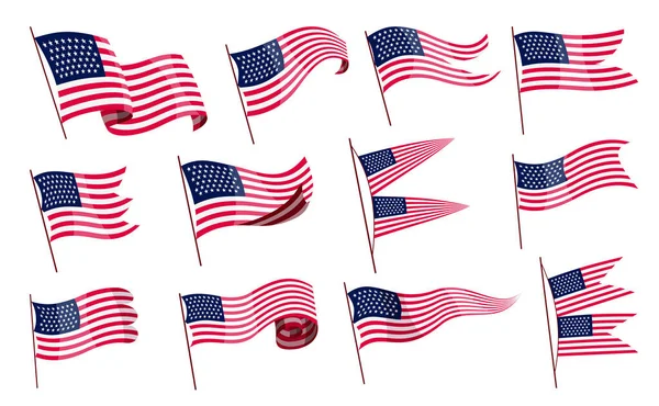 旗を振る。白地にアメリカ国旗のセット。国旗がシンボルを振っている。バナーデザイン要素 — ストックベクタ