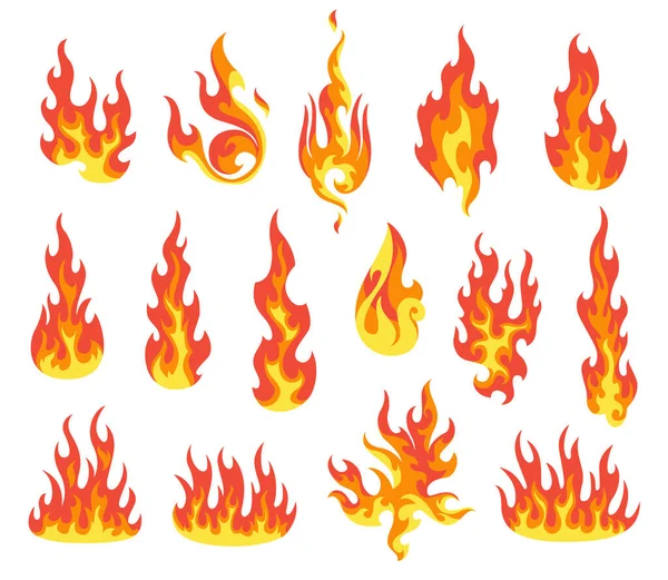 Ensemble de flamme de feu rouge et orange. Des flammes de formes différentes. Boule de feu, symboles enflammés. Idée d'énergie et de puissance. Collecte d'élément brûlant chaud. icônes vectorielles dans le style de dessin animé — Image vectorielle