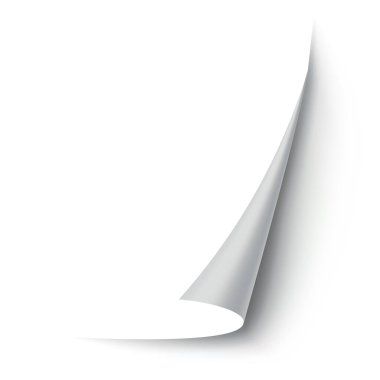 Kıvrılmış kağıt köşesi. Eğri sayfa köşesi, sayfa kenarı kıvrımlı ve gerçekçi gölgesi olan eğri kağıt çarşaf. Kağıt köşe katlaması beyaz arkaplanda izole edildi