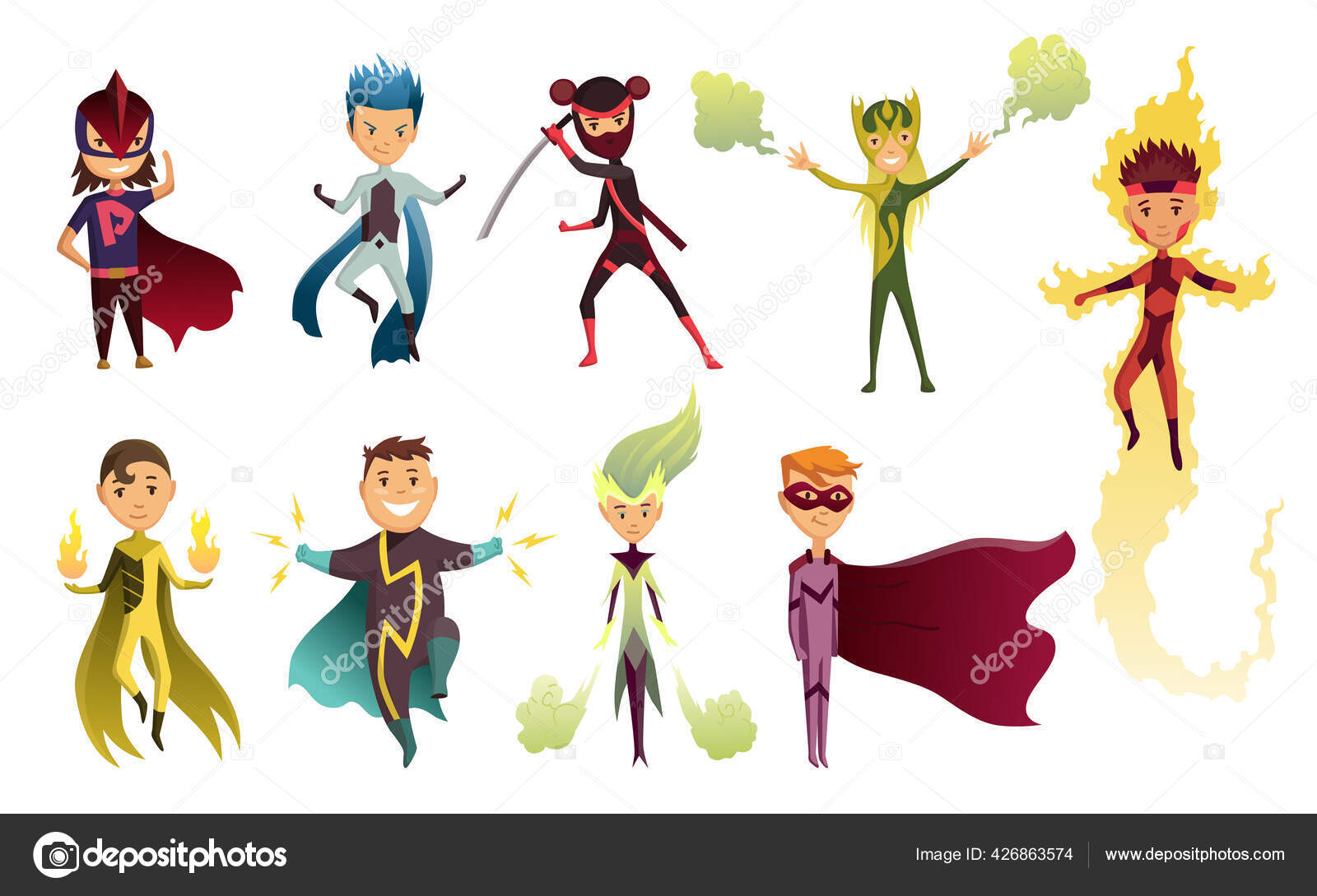 Cartoon superhero kids characters. Joyful kid wearing super hero costume with mask and comic cloak for brave recreation. Set of cartoon characters isolated on white background Stock Vector Image by ©Designer_things #426863574 Cartoon superhero kids characters. Joyful kid wearing super hero costume with mask and comic cloak for brave recreation. Set of cartoon characters isolated on white background Stock Vector Image by ©Designer_things #426863574