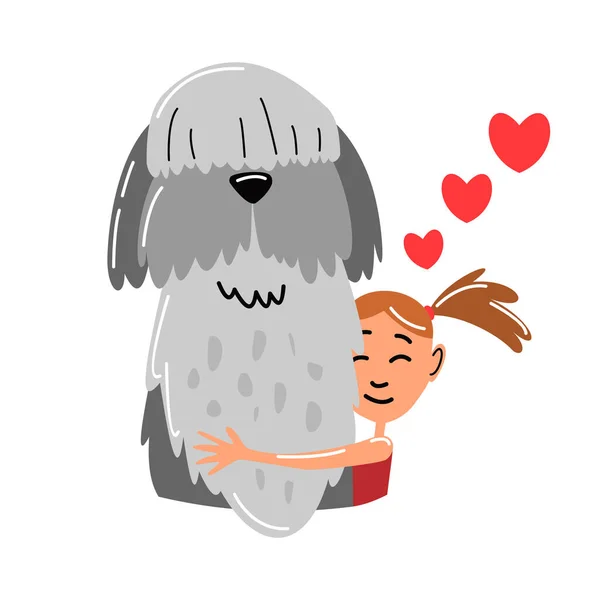 Mensen en huisdieren. Eigenaar van hond huisdier. Eigenaar knuffelende hond. Jong meisje houdt van hun dier. Leuk en schattig huisdier. — Stockvector