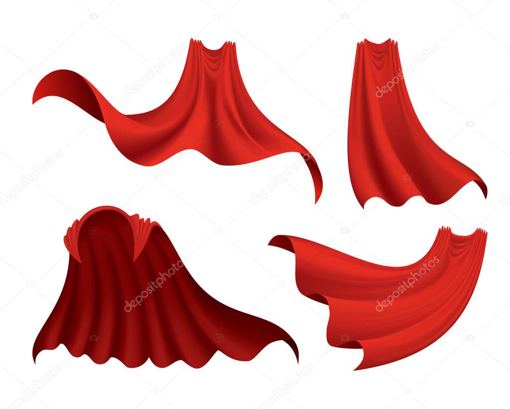 Superhero red cape in different positions on white background. Scarlet fabric silk cloak. Mantle costume or cover cartoon vector set