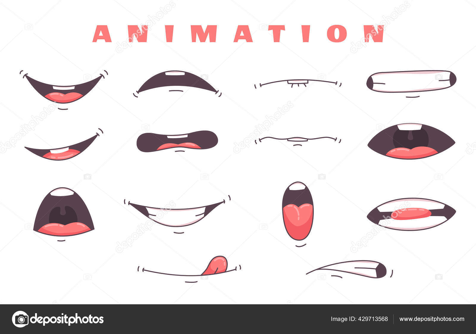 Conjunto de expressão de música de lábios de boca. lip poses para coleção  plana preta de animação de rosto de personagem de desenho animado.