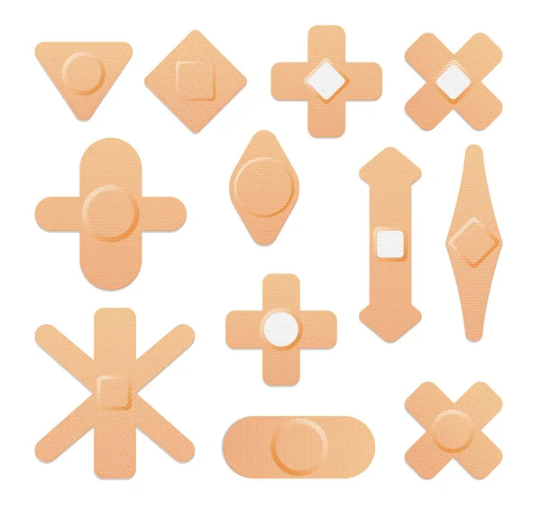 Ensemble de plâtres médicaux. Bandages adhésifs ou pansements collants. Bandes médicales aide patch de protection pour les premiers soins. Protection et soins. Plâtres vectoriels de dessin animé sur fond blanc — Image vectorielle