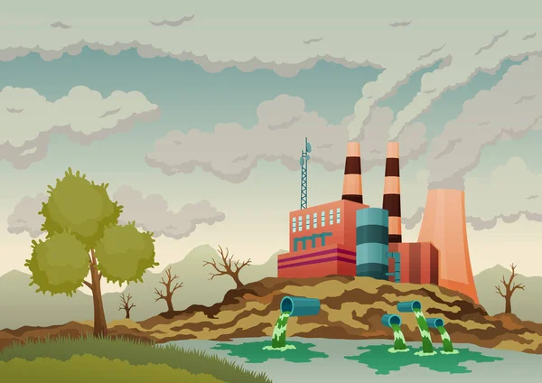 Fabrieksinstallatie rookt met smog, afval uitstoot van leidingen naar rivierwater. Landschap met natuurecologie-elementen en ecologisch probleemconcept in vlakke stijl. Vuil afvalwater vervuild milieu — Stockvector