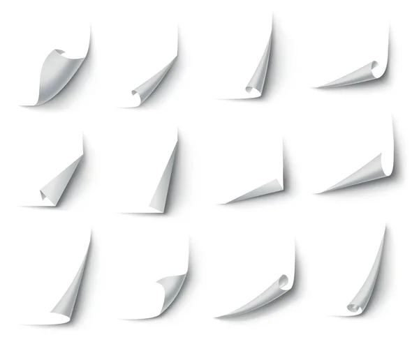 Κουλουριασμένες γωνίες χαρτιού. Καμπύλη γωνία σελίδα, σελίδες άκρη μπούκλα και λυγισμένα φύλλα χαρτιού με ρεαλιστική σκιά. Χαρτί γωνίας πτυχώσεις απομονώνονται σε λευκό φόντο — Διανυσματικό Αρχείο