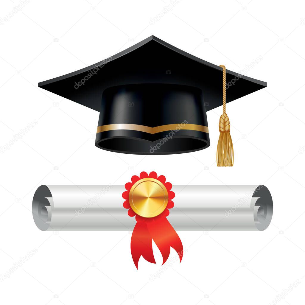 Graduation cap and rolled diploma scroll with stamp. Finish education concept. Academic hat with tassel and university degree certificate. Vector illustration for announcement banner poster or flyer