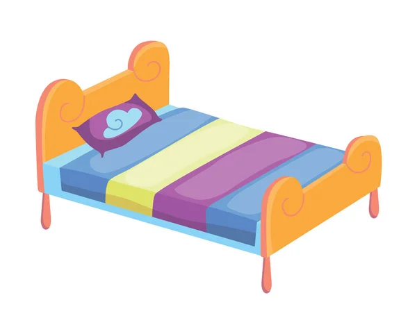 Desenhos animados. Ilustração vetorial de cama colorida com travesseiro e capa. Ícone de mobiliário —  Vetores de Stock