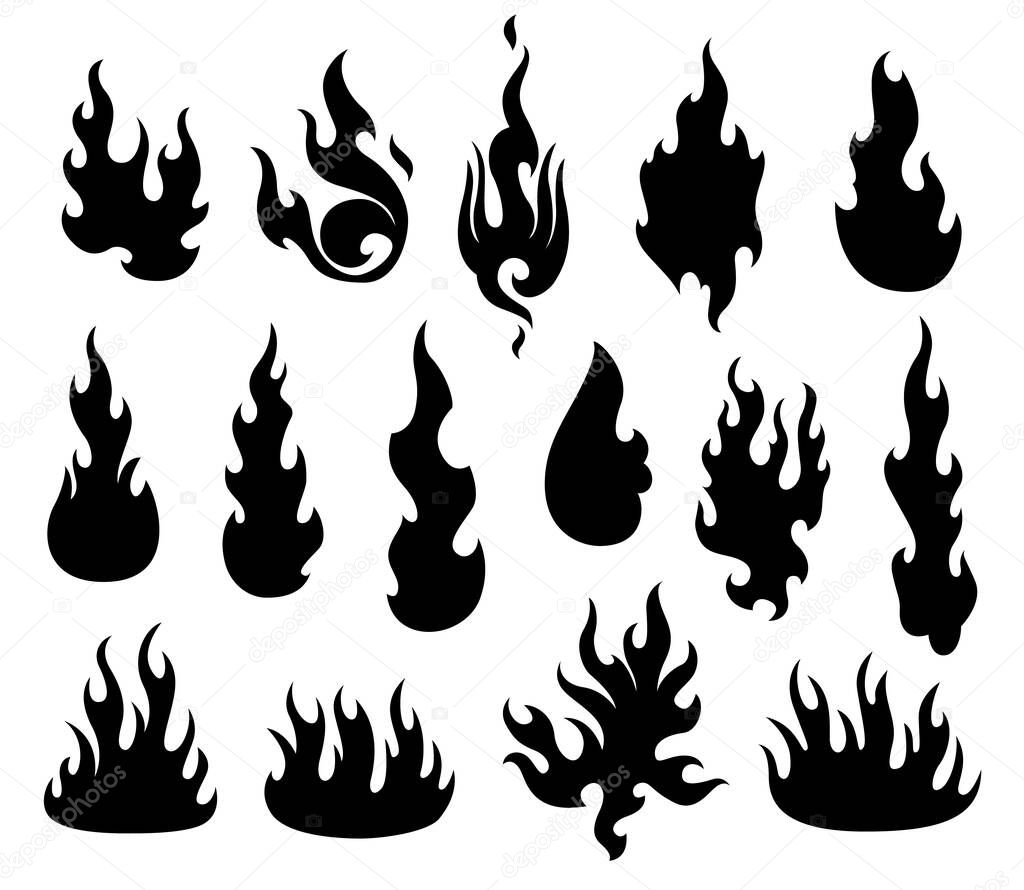 Fire flame. Flames of different shapes. Fireball set, flaming symbols. Idea of energy and power. Collection of flaming element. Vector silhouette icons in cartoon style