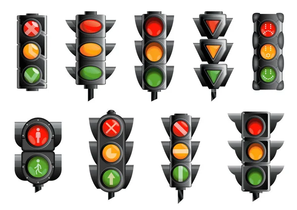 Collection with traffic lights with red, yellow and green colors. Flat vector illustrations isolated on white background — Stock Vector