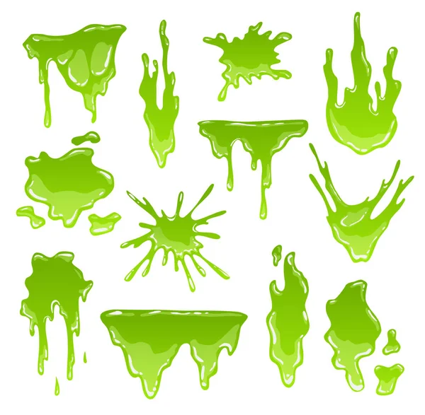 Green slimes. Goo blob splashes, toxic dripping mucus. Slimy splodge and drops, liquid borders. Cartoon isolated vector decorative forms of playing blotches. Snot set — Stock Vector