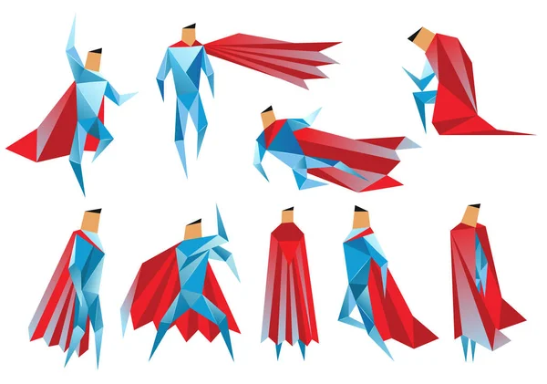 Superheros low poly. Vector polygonal illustration of super heros, origami style icon, modern cartoon man characters. Superheros in different poses on white background — Vector de stock