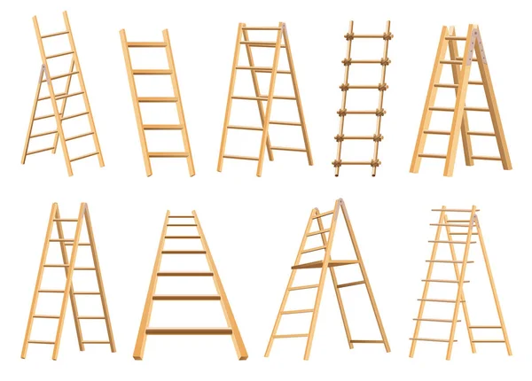 Συλλογή από ξύλινες σκάλες οικιακό εργαλείο. Κλιμακωτές σκάλες για οικιακές και κατασκευαστικές ανάγκες. Απομονωμένη διανυσματική απεικόνιση — Διανυσματικό Αρχείο