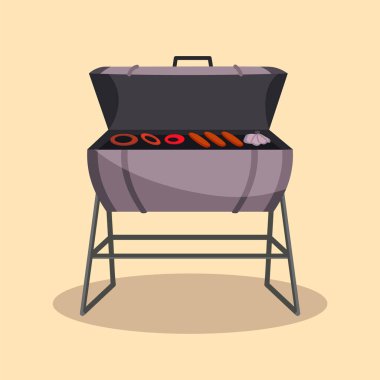 Barbekü mü ızgara mı? Piknik kampı yemekleri. Barbekü partisi. Geleneksel yemek pişirme, restoran menüsü ikonu. Sıcak kömürde ızgara. Lezzetli ızgara et ve sosis ile mangal kömürü.