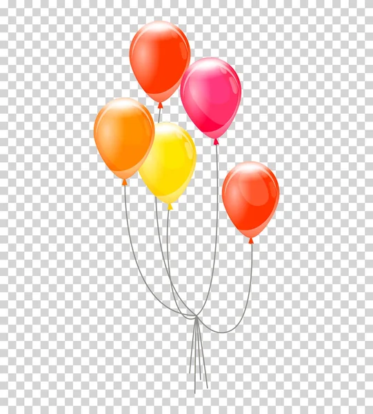Globos de helio. Manojo o grupo de globos de helio de colores aislados sobre fondo transparente. Partido realista juego de globos voladores. Elemento de diseño vectorial de color — Archivo Imágenes Vectoriales