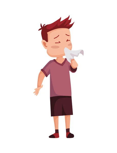 Flu cold. Flu or common cold treatment at home. Young man with handkerchief in hand. Season allergy. Allergy sick or flu concept — Stock Vector