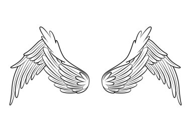 Klasik kraliyet kanatları skeci. Tek renkli, stilize kuş kanatları. Elle çizilmiş stiker kanadı açık pozisyonda. Renk biçiminde tasarım ögeleri