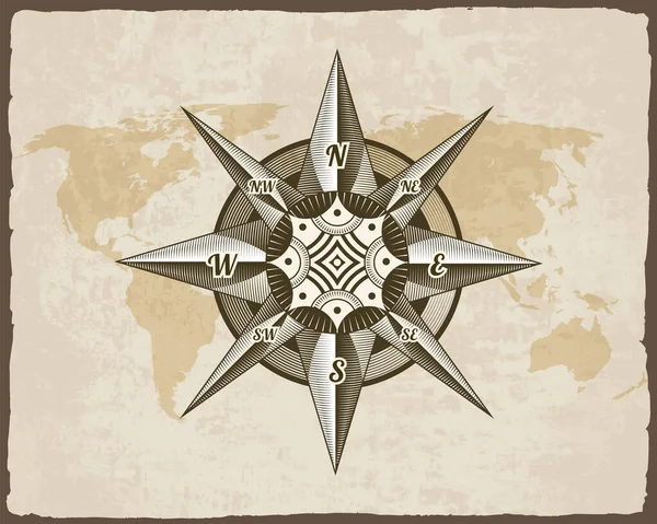 Морской антикварный знак компаса на старой бумажной карте мира текстур с разорванной рамкой. Элемент морской тематики и геральдики. Эмблема винтажных векторных роз ветра — стоковый вектор