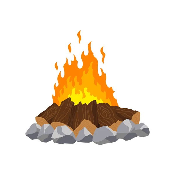 Камінний вогонь. Палаючий вогонь подорожі і пригоди символ. Векторний вогонь або вогонь по дереву в мультфільмі плоский стиль. Туристичний вогонь у вигляді піраміди стейкхауса, що добре палає з жовто-червоним вогнем — стоковий вектор