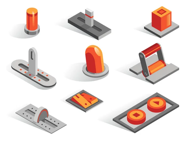 Isométrico o 3d varios botones conjunto de vectores. Colección de iconos aislados en diferente de. Palancas reguladores reguladores reguladores de palanca e interruptores en color gris y naranja — Archivo Imágenes Vectoriales