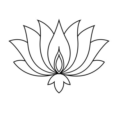 Lotus ikonu. Tek renkli çiçek açan çiçek. Beyaz arka planda siyah bitki yaprakları. Ağ için çiçek, su bitkisi vektör elementi. Renk biçimi