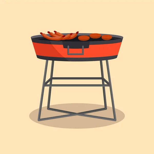 Barbecue ou grillades. Cuisine de camping pique-nique. Une soirée barbecue. Cuisine traditionnelle, icône du menu du restaurant. Griller sur les charbons chauds. Grillades au charbon de bois avec de délicieuses viandes ou saucisses grillées — Image vectorielle