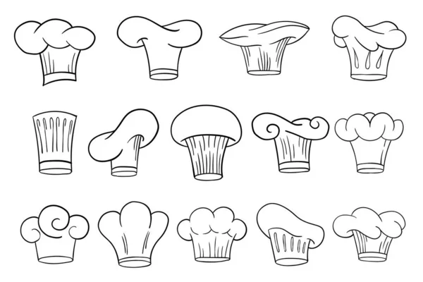 厨师帽或装饰设置在草图卡通风格的轮廓。食肆及咖啡店的矢量手绘厨房职员制服头饰的不同形状及设计 — 图库矢量图片