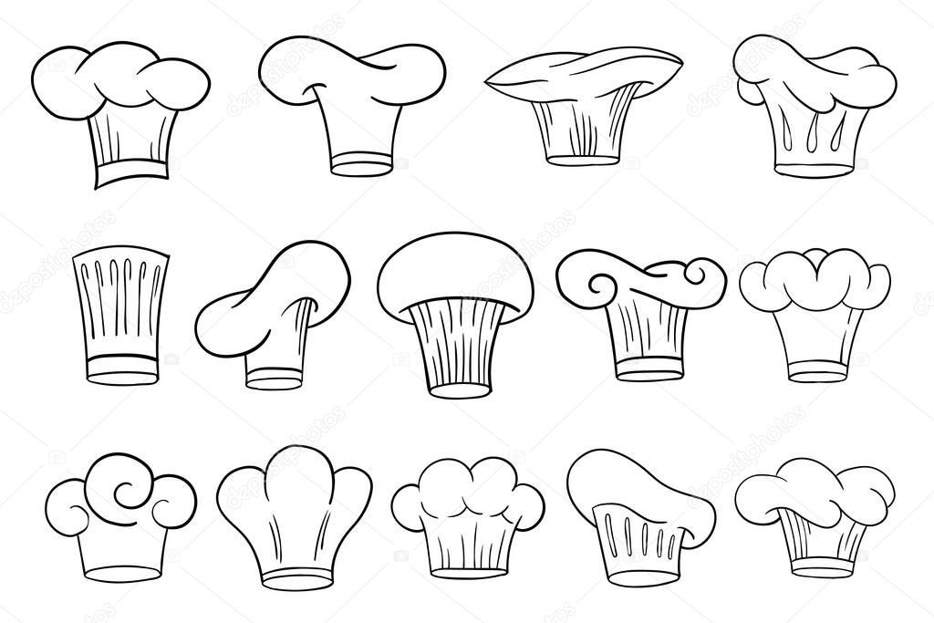 Cook chef hats caps or toques set in outline sketch cartoon style. Vector hand drawn kitchen staff uniform headwear in different shapes and designs for restaurant and cafe