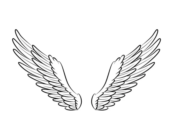 Винтажный геральдический эскиз крыльев. Монохромные стилизованные крылья птиц. Ручное рисование контурного крыла стикера в открытом положении. Элементы дизайна в стиле раскраски — стоковый вектор